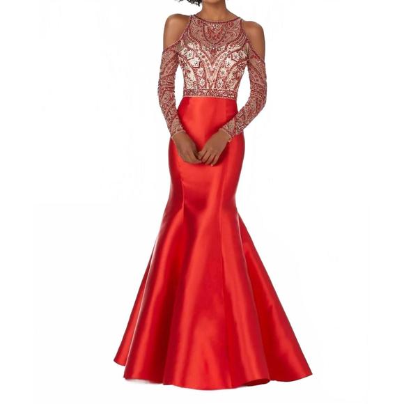 NEW PAPARAZZI BY MORI LEE larissa satin beaded net bodice mermaid gown in red